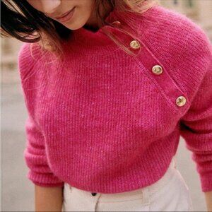 Sezane Trudy Ribbed Knit Sweater Pink Size Medium French Buttons Mohair Wool M